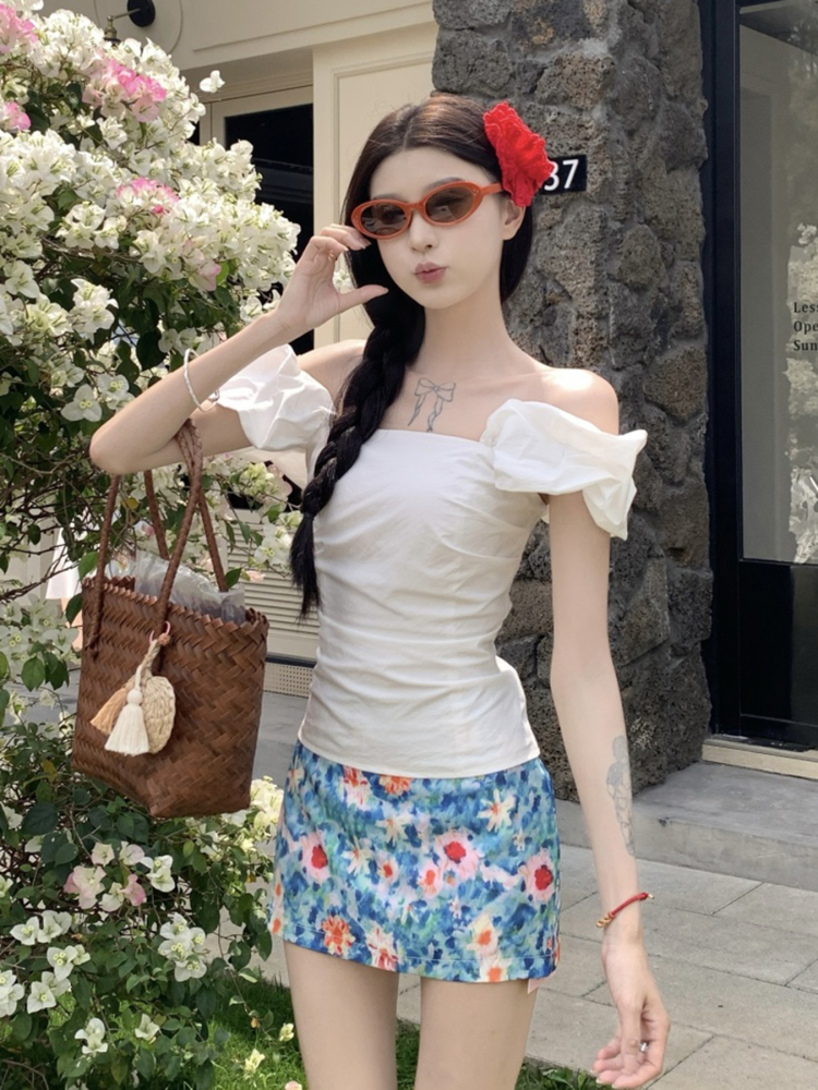 Midsummer Floral Oil Painting Frilled Bodycon Midi Skirt - Women’s Low Waist Vacation Skirt in Dopamine Colors Midsummer Floral Oil Painting Frilled Bodycon Midi Skirt - Women’s Low Waist Vacation Skirt in Dopamine Colors