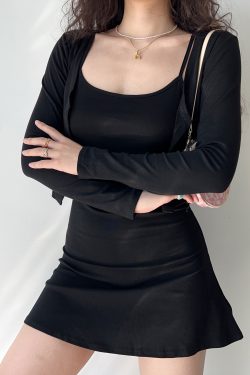 Mildred Sexy Slim Fit Two-Piece Set: Short Cardigan Camisole Dress & Slimming Skirt for Women - Trendy Y2K Style