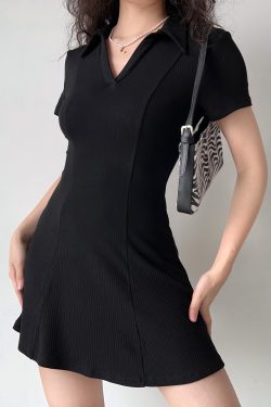 Minimalist Black Short Sleeve Dress for Women - Waist-Cinching A-Line Skirt, European American Style, Chic and Slimming Fashion