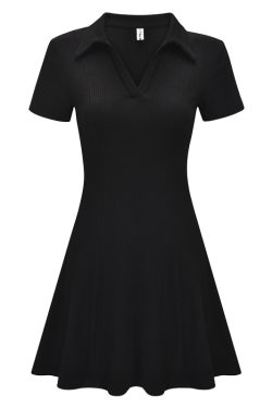 Minimalist Black Short Sleeve Dress for Women - Waist-Cinching A-Line Skirt, European American Style, Chic and Slimming Fashion