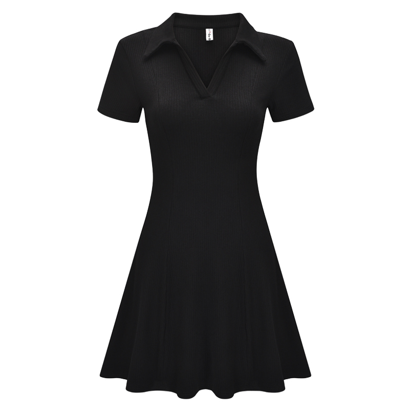 Minimalist Black Short Sleeve Dress for Women - Waist-Cinching A-Line Skirt, European American Style, Chic and Slimming Fashion Minimalist Black Short Sleeve Dress for Women - Waist-Cinching A-Line Skirt, European American Style, Chic and Slimming Fashion