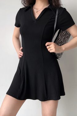 Minimalist Black Short Sleeve Dress for Women - Waist-Cinching A-Line Skirt, European American Style, Chic and Slimming Fashion