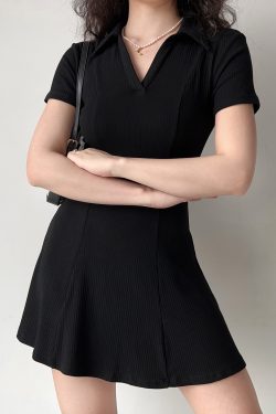 Minimalist Black Short Sleeve Dress for Women - Waist-Cinching A-Line Skirt, European American Style, Chic and Slimming Fashion