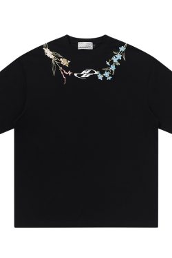 Minimalist Chinese-Style Floral Wreath Embroidery Short-Sleeve T-Shirt - Trendy 90s Inspired Design