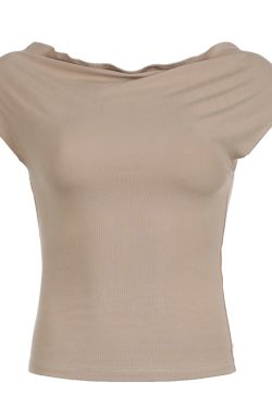 Minimalist French Off-Shoulder Drop Shoulder Top for Women - High Elasticity One-Shoulder Pleated Waist T-Shirt, Stylish Casual Fashion