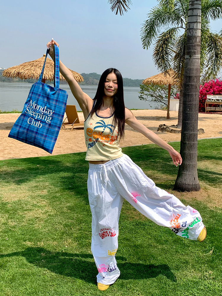 Minimalist Letter Print Drawstring Wide-Leg Pants for Men and Women - Casual Paratrooper Style, Slimming Long Pants Minimalist Letter Print Drawstring Wide-Leg Pants for Men and Women - Casual Paratrooper Style, Slimming Long Pants