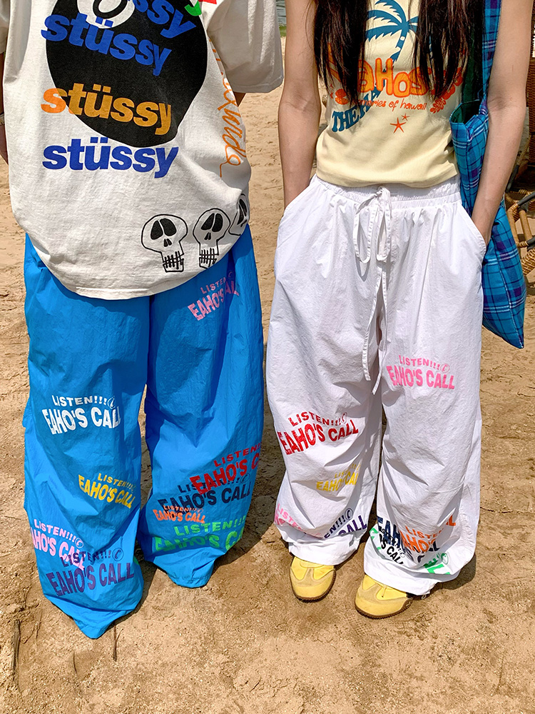 Minimalist Letter Print Drawstring Wide-Leg Pants for Men and Women - Casual Paratrooper Style, Slimming Long Pants Minimalist Letter Print Drawstring Wide-Leg Pants for Men and Women - Casual Paratrooper Style, Slimming Long Pants