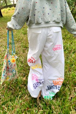 Minimalist Letter Print Drawstring Wide-Leg Pants for Men and Women - Casual Paratrooper Style, Slimming Long Pants