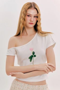 Minimalist Off-Shoulder Tulip Print Short Sleeve T-Shirt for Women - Summer Versatile Top, Trendy Y2K Style