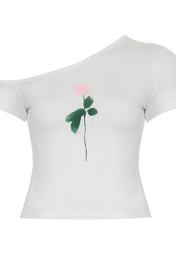 Minimalist Off-Shoulder Tulip Print Short Sleeve T-Shirt for Women - Summer Versatile Top, Trendy Y2K Style