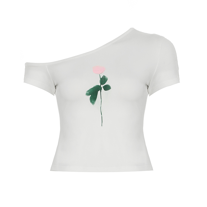 Minimalist Off-Shoulder Tulip Print Short Sleeve T-Shirt for Women - Summer Versatile Top, Trendy Y2K Style Minimalist Off-Shoulder Tulip Print Short Sleeve T-Shirt for Women - Summer Versatile Top, Trendy Y2K Style