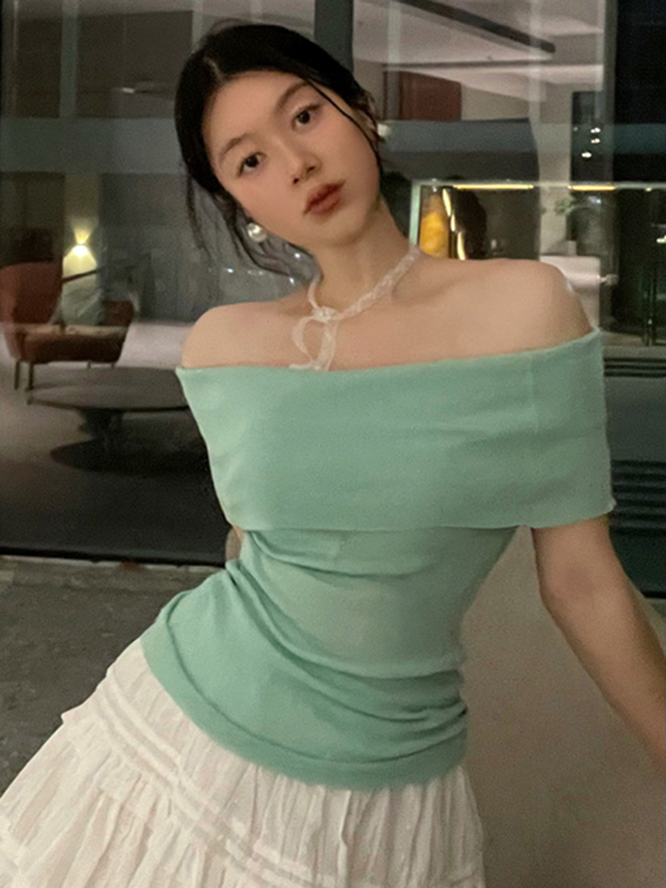 Minimalist One-Shoulder Top for Women, Slimming Pleated Short Sleeve, Fresh Solid Color Mesh T-Shirt, Y2K Fashion Style Minimalist One-Shoulder Top for Women, Slimming Pleated Short Sleeve, Fresh Solid Color Mesh T-Shirt, Y2K Fashion Style