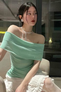 Minimalist One-Shoulder Top for Women, Slimming Pleated Short Sleeve, Fresh Solid Color Mesh T-Shirt, Y2K Fashion Style