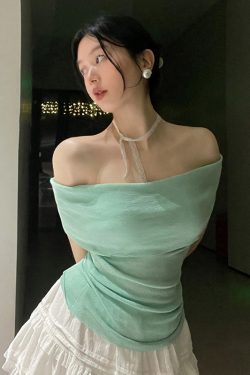 Minimalist One-Shoulder Top for Women, Slimming Pleated Short Sleeve, Fresh Solid Color Mesh T-Shirt, Y2K Fashion Style