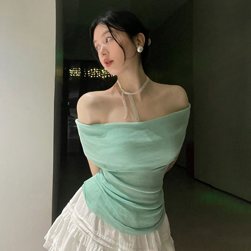 Minimalist One-Shoulder Top for Women, Slimming Pleated Short Sleeve, Fresh Solid Color Mesh T-Shirt, Y2K Fashion Style Minimalist One-Shoulder Top for Women, Slimming Pleated Short Sleeve, Fresh Solid Color Mesh T-Shirt, Y2K Fashion Style