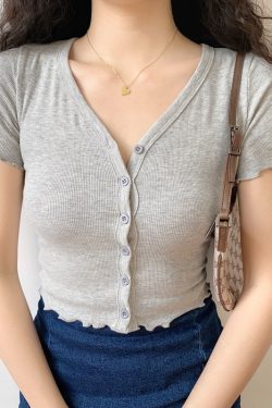 Minimalist Slim-Fit V-Neck Ruffled Short Sleeve T-Shirt Women's Cardigan - European American Style, Casual Chic, Perfect for Y2K Fashion