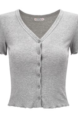 Minimalist Slim-Fit V-Neck Ruffled Short Sleeve T-Shirt Women's Cardigan - European American Style, Casual Chic, Perfect for Y2K Fashion