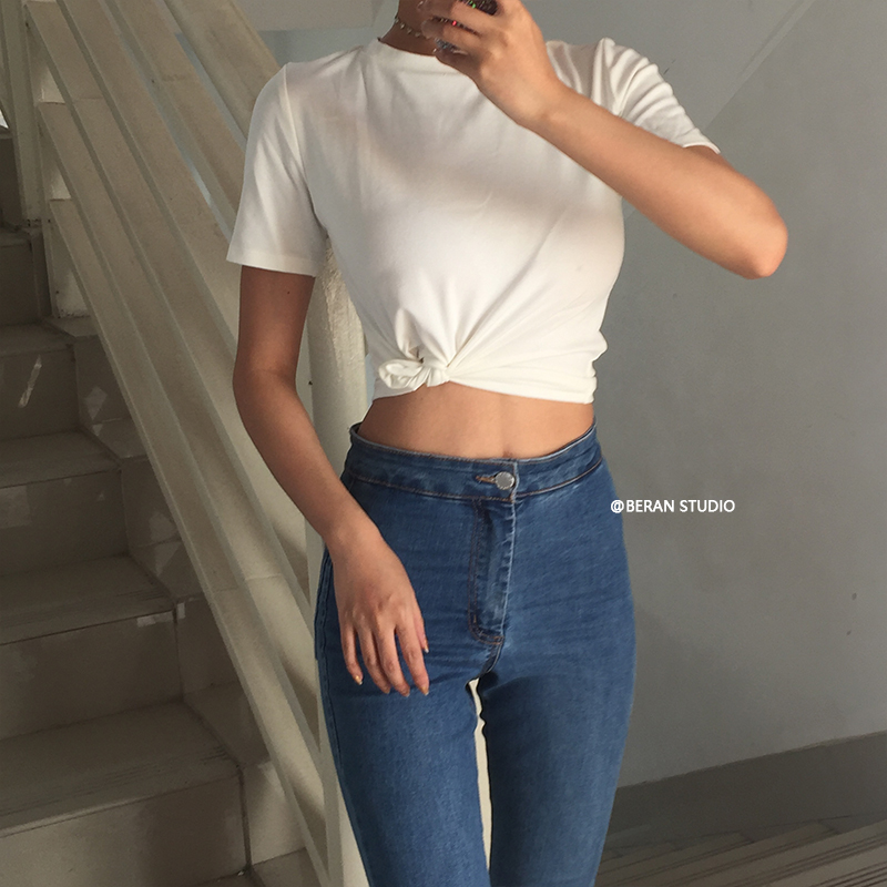 Minimalist Solid Color High-Quality Round Neck Short Sleeve T-Shirt Top - High-Waisted, European and American Style Minimalist Solid Color High-Quality Round Neck Short Sleeve T-Shirt Top - High-Waisted, European and American Style