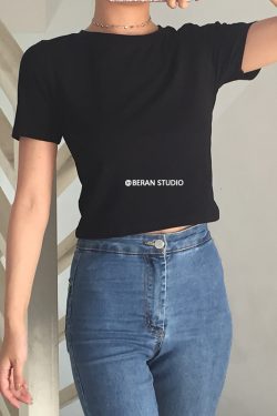 Minimalist Solid Color High-Quality Round Neck Short Sleeve T-Shirt Top - High-Waisted, European and American Style