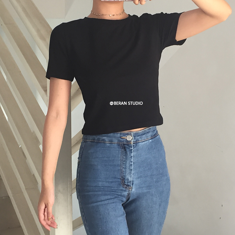 Minimalist Solid Color High-Quality Round Neck Short Sleeve T-Shirt Top - High-Waisted, European and American Style Minimalist Solid Color High-Quality Round Neck Short Sleeve T-Shirt Top - High-Waisted, European and American Style