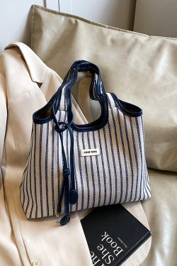 Minimalist Striped One-Shoulder Tote Bag for Women - Large Capacity College Style Summer 2025 Bag