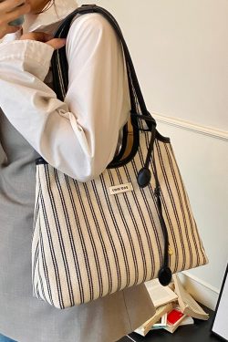 Minimalist Striped One-Shoulder Tote Bag for Women - Large Capacity College Style Summer 2025 Bag