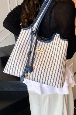 Minimalist Striped One-Shoulder Tote Bag for Women - Large Capacity College Style Summer 2025 Bag