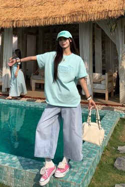 Mint Green Embroidered Short Sleeve T-Shirt for Women - 2025 Summer Lazy Loose Versatile Top - Y2K Style