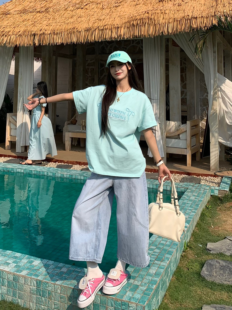 Mint Green Embroidered Short Sleeve T-Shirt for Women - 2025 Summer Lazy Loose Versatile Top - Y2K Style Mint Green Embroidered Short Sleeve T-Shirt for Women - 2025 Summer Lazy Loose Versatile Top - Y2K Style