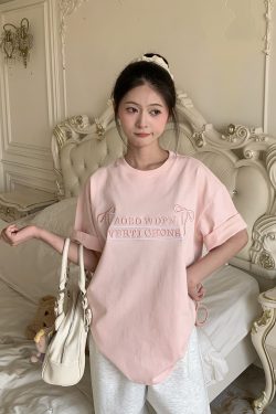 Mint Green Embroidered Short Sleeve T-Shirt for Women - 2025 Summer Lazy Loose Versatile Top - Y2K Style