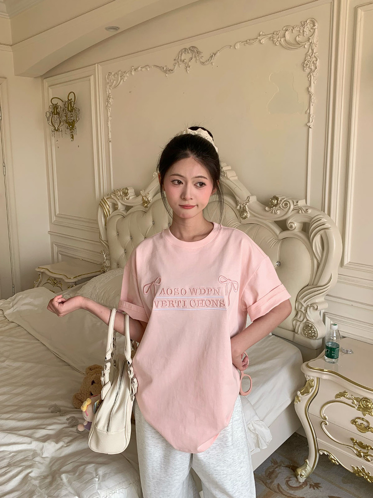 Mint Green Embroidered Short Sleeve T-Shirt for Women - 2025 Summer Lazy Loose Versatile Top - Y2K Style Mint Green Embroidered Short Sleeve T-Shirt for Women - 2025 Summer Lazy Loose Versatile Top - Y2K Style