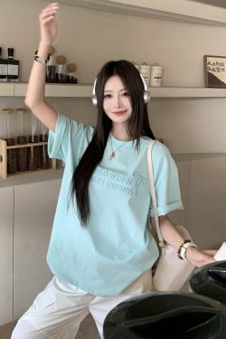 Mint Green Embroidered Short Sleeve T-Shirt for Women - 2025 Summer Lazy Loose Versatile Top - Y2K Style