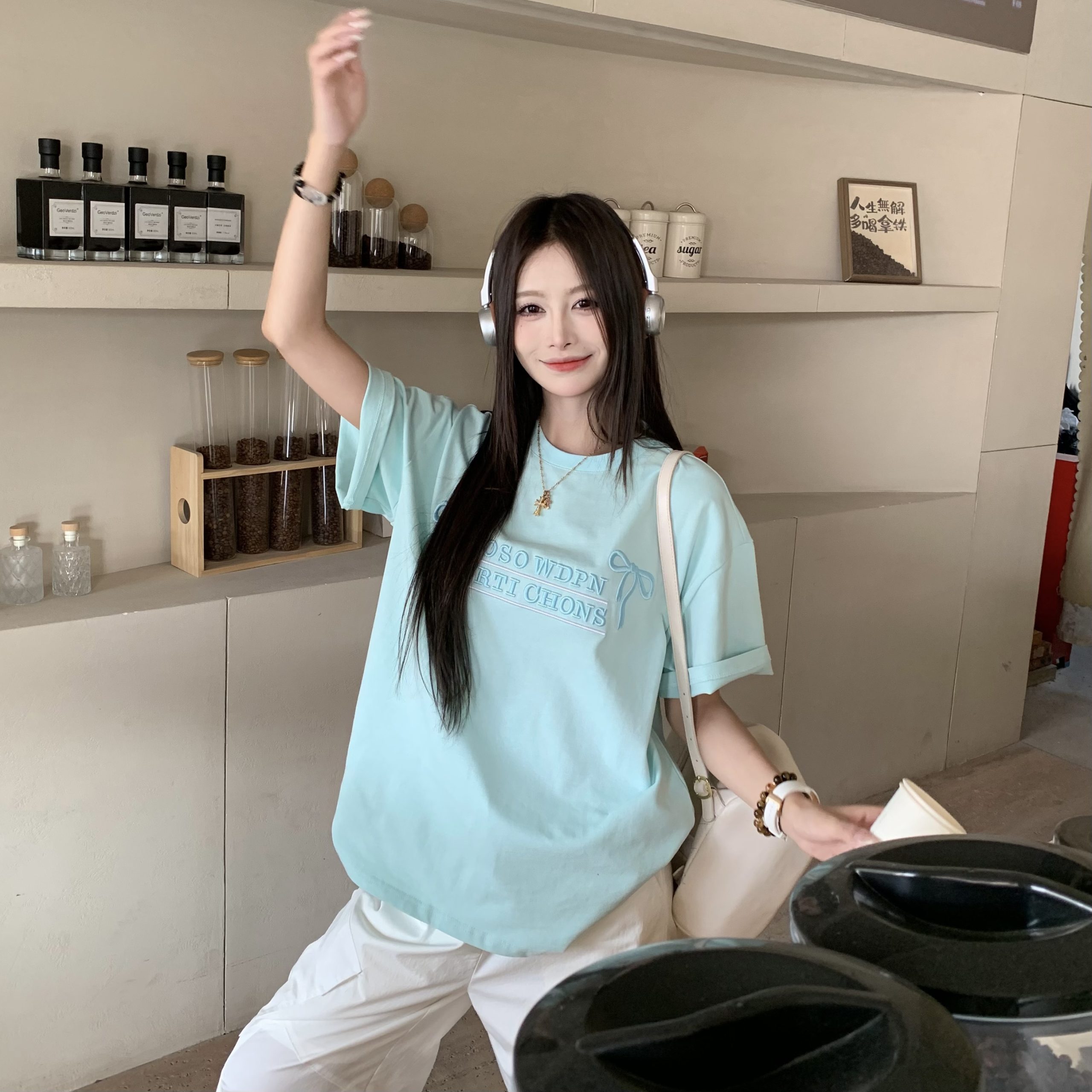 Mint Green Embroidered Short Sleeve T-Shirt for Women - 2025 Summer Lazy Loose Versatile Top - Y2K Style Mint Green Embroidered Short Sleeve T-Shirt for Women - 2025 Summer Lazy Loose Versatile Top - Y2K Style