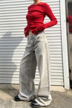 Mocha Gray Pear-Shaped Loose Versatile Straight Low-Rise Wide-Leg Jeans for Women - American Style Fashion 2025