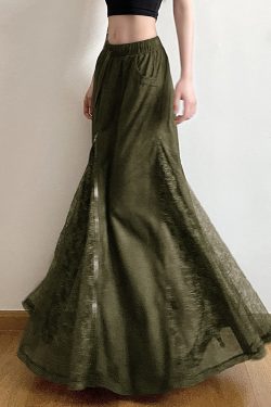 Moss Green Retro Vintage Zipper Spliced Lace A-Line Midi Skirt - 90s Inspired Niche Long Skirt for Unique Style