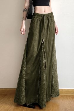 Moss Green Retro Vintage Zipper Spliced Lace A-Line Midi Skirt - 90s Inspired Niche Long Skirt for Unique Style