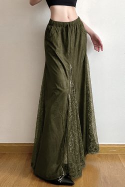 Moss Green Retro Vintage Zipper Spliced Lace A-Line Midi Skirt - 90s Inspired Niche Long Skirt for Unique Style