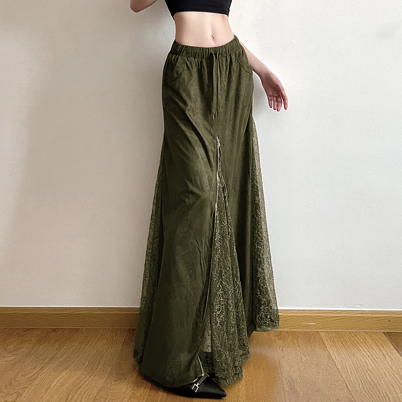 Moss Green Retro Vintage Zipper Spliced Lace A-Line Midi Skirt - 90s Inspired Niche Long Skirt for Unique Style Moss Green Retro Vintage Zipper Spliced Lace A-Line Midi Skirt - 90s Inspired Niche Long Skirt for Unique Style