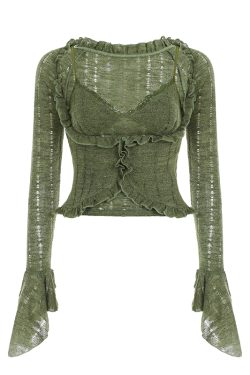 Moss Green Retro Vintage Zipper Spliced Lace A-Line Midi Skirt - 90s Inspired Niche Long Skirt for Unique Style