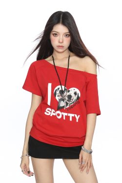 Off-Shoulder American Dalmatian T-Shirt for Women - Summer Slim Fit Short Sleeve Waist-Defining Top - Trendy Casual Style