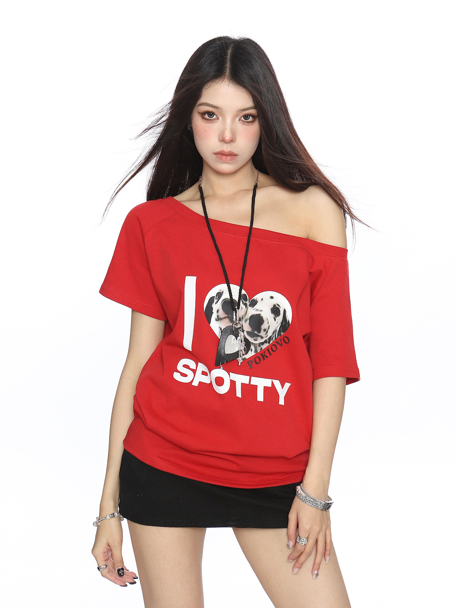 Off-Shoulder American Dalmatian T-Shirt for Women - Summer Slim Fit Short Sleeve Waist-Defining Top - Trendy Casual Style Off-Shoulder American Dalmatian T-Shirt for Women - Summer Slim Fit Short Sleeve Waist-Defining Top - Trendy Casual Style