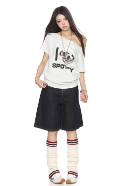 Off-Shoulder American Dalmatian T-Shirt for Women - Summer Slim Fit Short Sleeve Waist-Defining Top - Trendy Casual Style