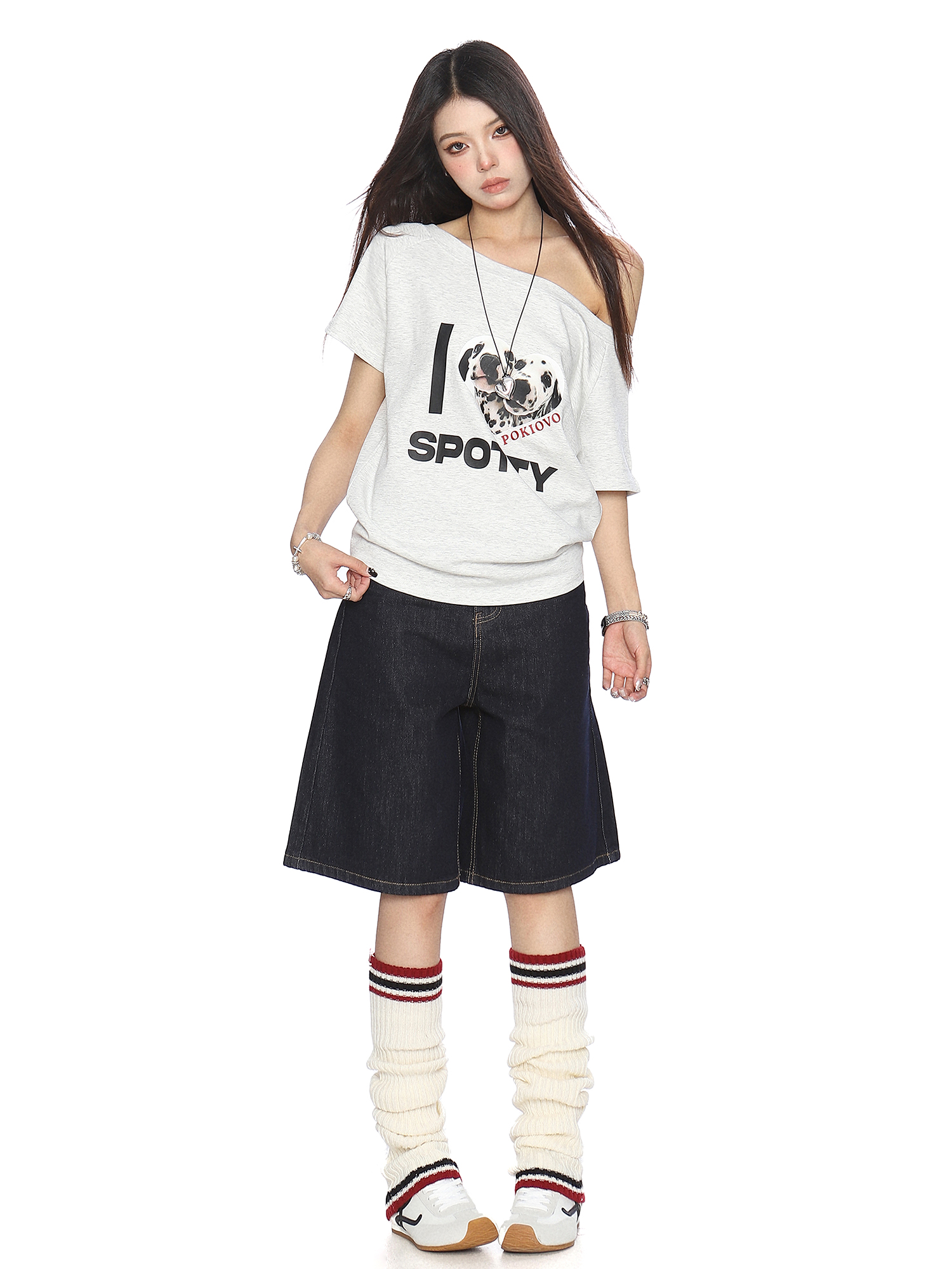 Off-Shoulder American Dalmatian T-Shirt for Women - Summer Slim Fit Short Sleeve Waist-Defining Top - Trendy Casual Style Off-Shoulder American Dalmatian T-Shirt for Women - Summer Slim Fit Short Sleeve Waist-Defining Top - Trendy Casual Style