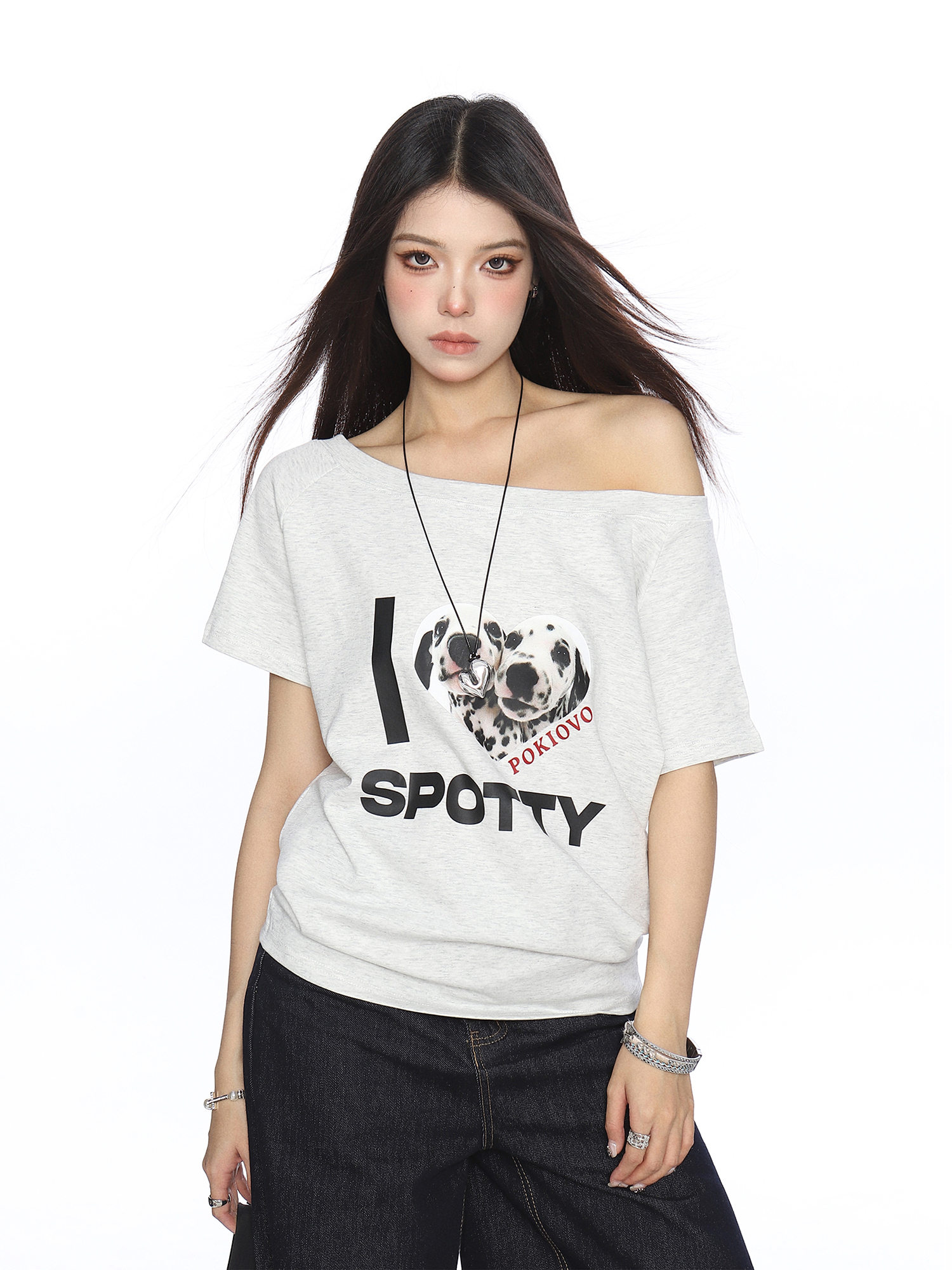 Off-Shoulder American Dalmatian T-Shirt for Women - Summer Slim Fit Short Sleeve Waist-Defining Top - Trendy Casual Style Off-Shoulder American Dalmatian T-Shirt for Women - Summer Slim Fit Short Sleeve Waist-Defining Top - Trendy Casual Style