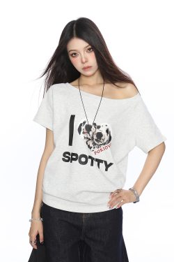 Off-Shoulder American Dalmatian T-Shirt for Women - Summer Slim Fit Short Sleeve Waist-Defining Top - Trendy Casual Style