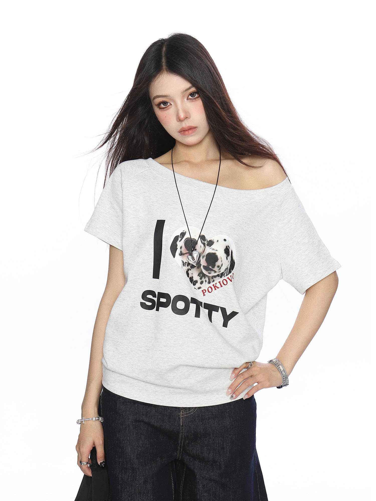 Off-Shoulder American Dalmatian T-Shirt for Women - Summer Slim Fit Short Sleeve Waist-Defining Top - Trendy Casual Style Off-Shoulder American Dalmatian T-Shirt for Women - Summer Slim Fit Short Sleeve Waist-Defining Top - Trendy Casual Style