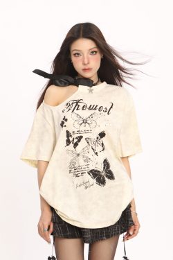 Off-Shoulder Butterfly Short Sleeve T-Shirt for Women - American Style Summer Top, Casual Y2K Hot Girl Fashion