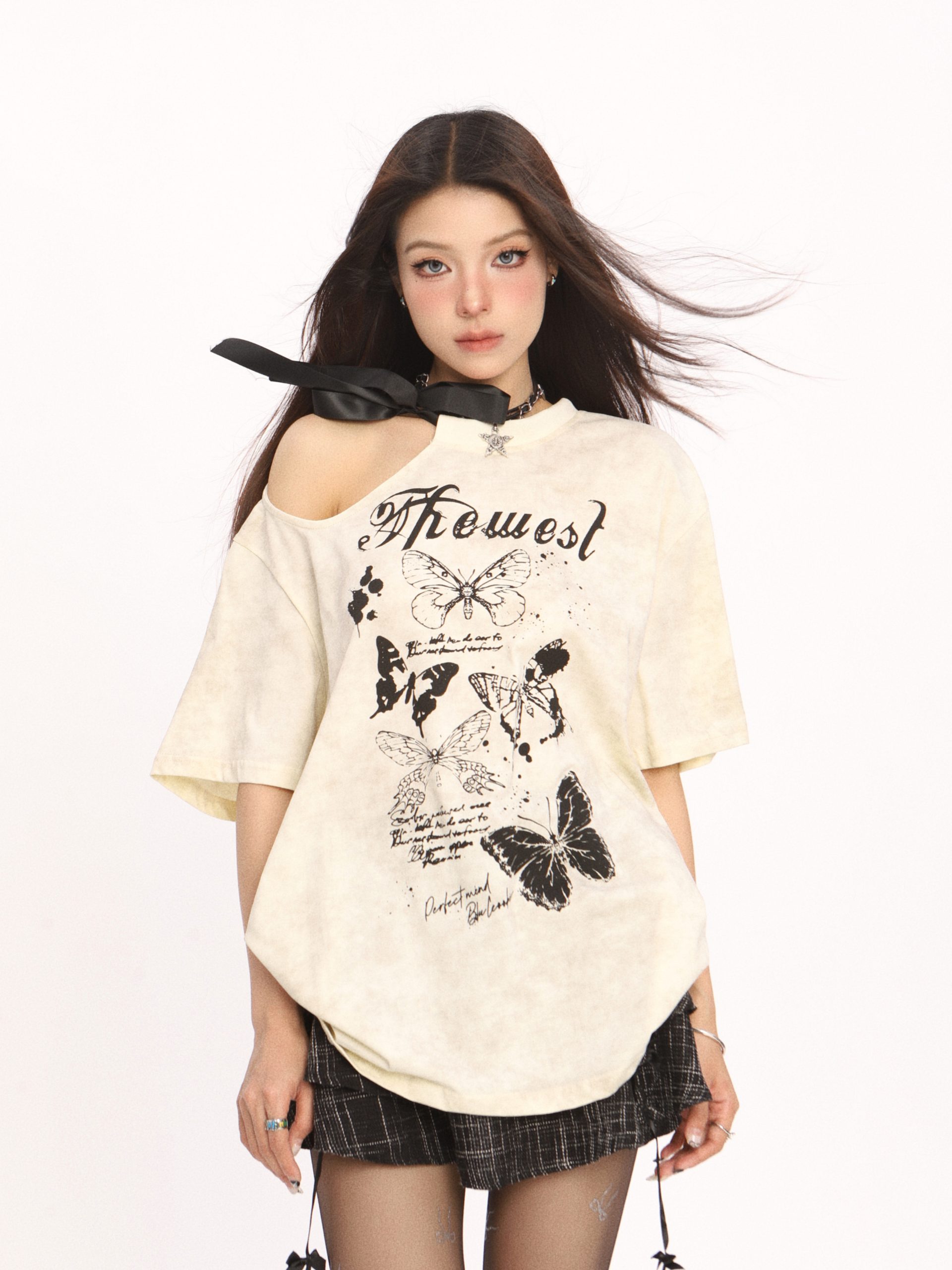 Off-Shoulder Butterfly Short Sleeve T-Shirt for Women - American Style Summer Top, Casual Y2K Hot Girl Fashion Off-Shoulder Butterfly Short Sleeve T-Shirt for Women - American Style Summer Top, Casual Y2K Hot Girl Fashion