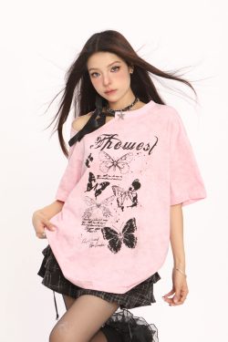Off-Shoulder Butterfly Short Sleeve T-Shirt for Women - American Style Summer Top, Casual Y2K Hot Girl Fashion