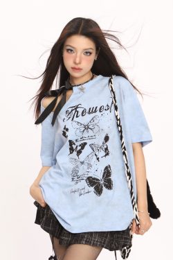 Off-Shoulder Butterfly Short Sleeve T-Shirt for Women - American Style Summer Top, Casual Y2K Hot Girl Fashion